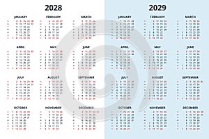 Calendar template for 2028, 2029 year. Wall calendar grid in a minimalist style. Week Starts on Sunday.