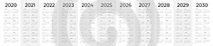 Simple calendar set for 2020 - 2030 years. Simple editable vertical vector calender photo