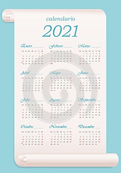 Calendar 2021 in Spanish on pachment photo