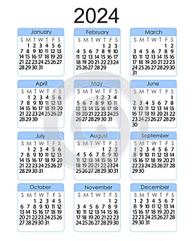 Calendar template for the year 2024 in simple minimalist style vertical portrait orientation