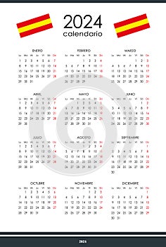 2024 calendar template. Yearly planner organizer for every day. Spanish. photo