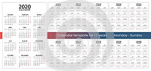 Calendar template for 11 years. 12 months on one page. photo