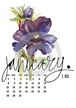 Calendar 2017. Templates with watercolor illustations. photo