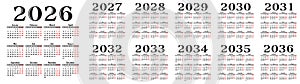 Calendar templates for a year 2026 - 2036.