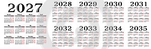 Calendar templates for a year 2027 - 2035.