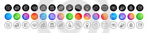 Calendar, Timer and Search text line icons. For web app, printing. Round icon buttons. Vector