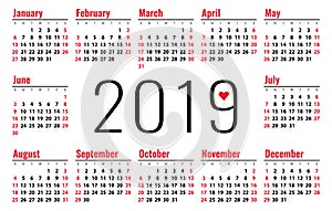 Calendar 2019 vector basic grid. Simple design template