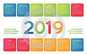 Calendar 2019 vector basic grid. Simple design template. English