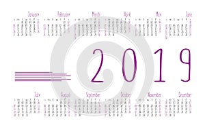 Calendar 2019 vector basic grid. Simple design template. English
