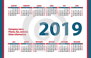Calendar 2019 vector basic grid. Simple design template. English