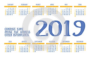 Calendar 2019 vector basic grid. Simple design template. English