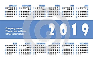 Calendar 2019 vector basic grid. Simple design template. English