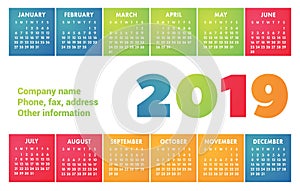 Calendar 2019 vector basic grid. Simple design template. English