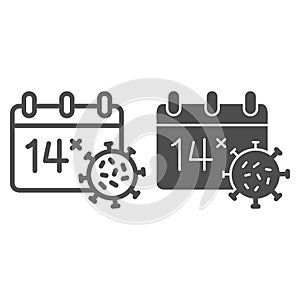 Calendar with virus cell line and solid icon, Corona downturn concept, Quarantine fourteen days calendar sign on white