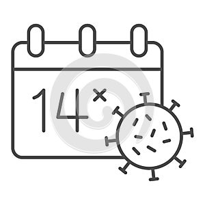 Calendar with virus cell thin line icon, Corona downturn concept, Quarantine fourteen days calendar sign on white