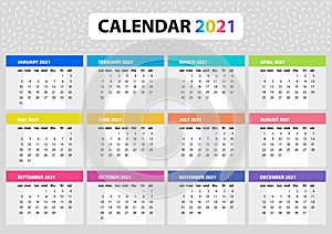 Calendar wall planner for the 2021 year. Colorful vector set. Template for your design