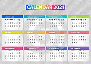 Calendar wall planner for the 2021 year. Colorful vector set. Template for your design
