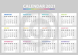 Calendar wall planner for the 2021 year. Colorful vector set. Template for your design