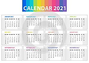 Calendar wall planner for the 2021 year. Colorful vector set. Template for your design