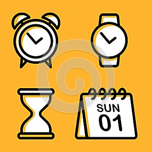 Calendar, watch, and hourglass icon in bold outline.