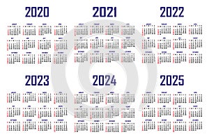 Calendar 2020, 2021, 2022, 2023, 2024, 2025. The week begins on Sunday. Simple calendar template. Portrait of vertical orientation photo