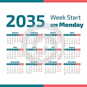 2035 Calendar with the weeks start on Monday
