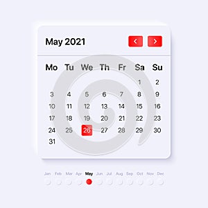 Calendar widget template. UI, UX, GUI layout for mobile and web application. Neumorphism concept design