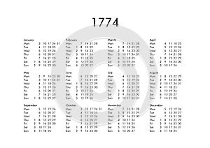 Calendar of year 1774