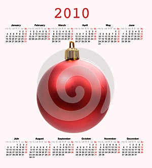 Calendar of year 2010 with a Christmas ball