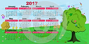 Calendar for the year 2017. Kids fun style. Magical forest