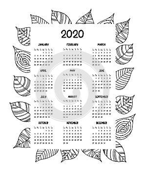 Calendar for the year 2020 with hand drawn decorative leaves.