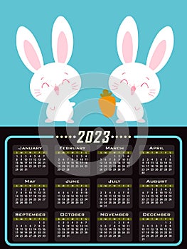 Calendar of the year 2023 On  blue background there are two rabbits above