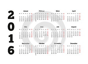 Calendar 2016 year on german language, A4 sheet