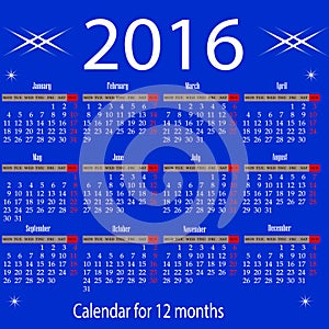 Calendar for 2016 year