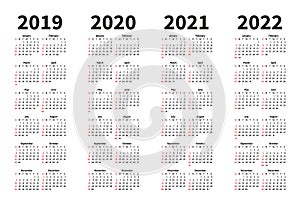 Calendario 2019 2020 2021 a 2022 diseno plantilla. estilo. una semana comienza domingo 