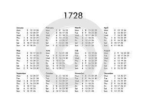 Calendar of year 1728