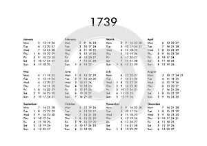 Calendar of year 1739