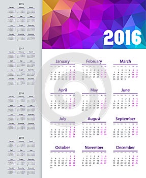 Calendar 2015, 2016, 2017, 2018, 2019 year. Week starts from mon