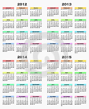 Calendar for years 2012 - 2015
