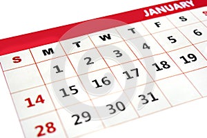 Calender dates of month January