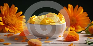 Calendula also known as marigold cosmetic product. Face moisturising cream. Beauty and healthcare concept. Generative Ai