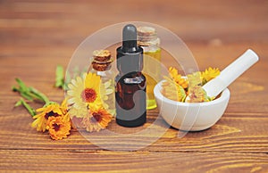 The calendula extract. Medicinal plants. Selective focus