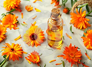 Calendula flowers and oil in beautiful bottle on white marble table photo