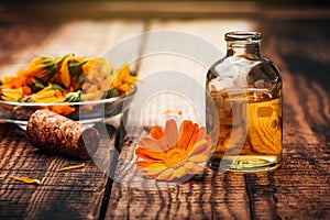 Calendula petals on the table. phytotherapy