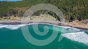 Caleta Pellines, Constitucion, Maule, Chile, horizontal drone aerial photo, house surf spot photo