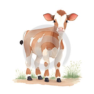 Calf in cartoon style. Cute Little Cartoon Calf isolated on white background. Watercolor drawing, hand-drawn in watercolor. For