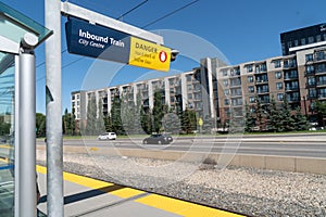 Calgary C Train downtown light rapid transit system at the Bridgeland train station