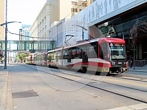 Public rapid transit system, light metro rail vehicle in Downtown Calgary