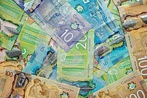 Canadian banknotes, including twenty, ten, five and one hundred dollar bills