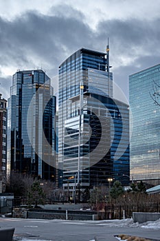 View of modern office towers in urban Calgary